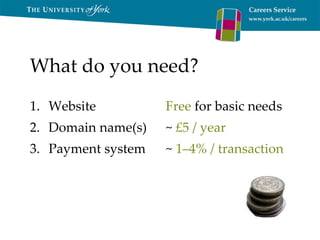 What do you need? Website Domain name(s) Payment system Free  for basic needs ~  £5 / year ~  1–4% / transaction 