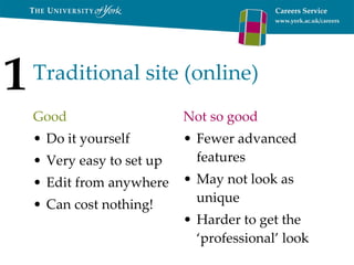 Traditional site (online) Good Do it yourself Very easy to set up Edit from anywhere Can cost nothing! Not so good Fewer advanced features May not look as unique Harder to get the ‘professional’ look 1 