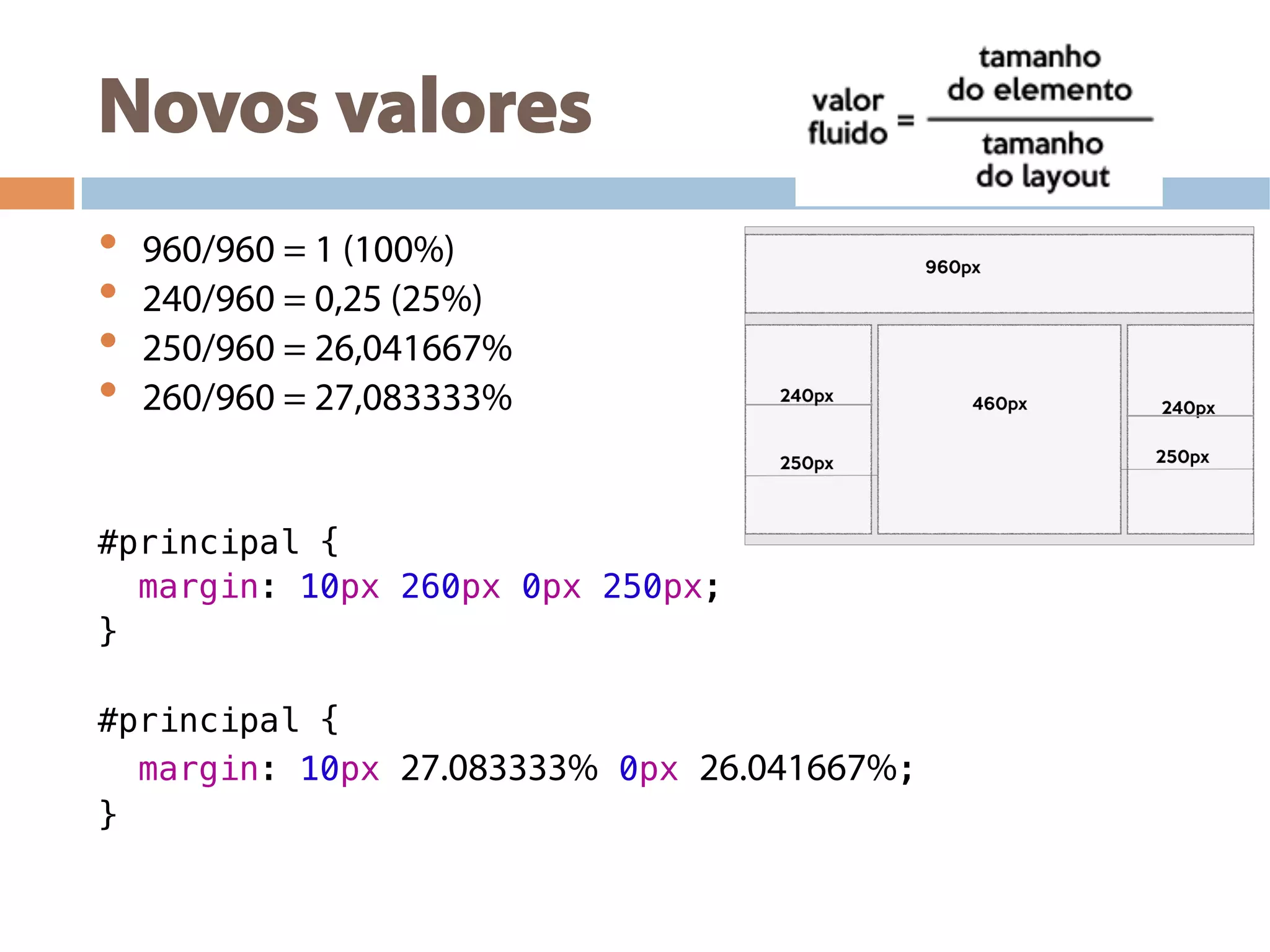 Novos valores
•  960/960 = 1 (100%)
•  240/960 = 0,25 (25%)
•  250/960 = 26,041667%
•  260/960 = 27,083333%
#principal {!
margin: 10px 260px 0px 250px;!
}!
!
#principal {!
margin: 10px 27.083333% 0px 26.041667%;!
}!
!
 