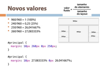 Novos valores
•  960/960 = 1 (100%)
•  240/960 = 0,25 (25%)
•  250/960 = 26,041667%
•  260/960 = 27,083333%
#principal {!
margin: 10px 260px 0px 250px;!
}!
!
#principal {!
margin: 10px 27.083333% 0px 26.041667%;!
}!
!
 