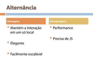 Alternância
• Mantém a interação
em um só local
• Elegante
• Facilmente escalável
• Performance
• Precisa de JS
Vantagens Desvantagens
 