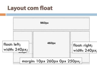 Layout com float
float: left;
width: 240px;
float: right;
width: 240px;
margin: 10px 260px 0px 250px;
 