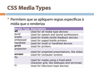 CSS Media Types
• Permitem que se apliquem regras específicas à
mídia que o renderiza
Media Type Description
all Used for all media type devices
aural Used for speech and sound synthesizers
braille Used for braille tactile feedback devices
embossed Used for paged braille printers
handheld Used for small or handheld devices
print Used for printers
projection
Used for projected presentations, like slides
screen Used for computer screens
tty
Used for media using a fixed-pitch
character grid, like teletypes and terminals
tv Used for television-type devices
 