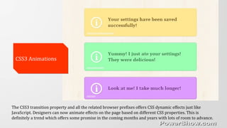 CSS3 AnimationsCSS3 Animations
The CSS3 transition property and all the related browser prefixes offers CSS dynamic effects just like
JavaScript. Designers can now animate effects on the page based on different CSS properties. This is
definitely a trend which offers some promise in the coming months and years with lots of room to advance.
 