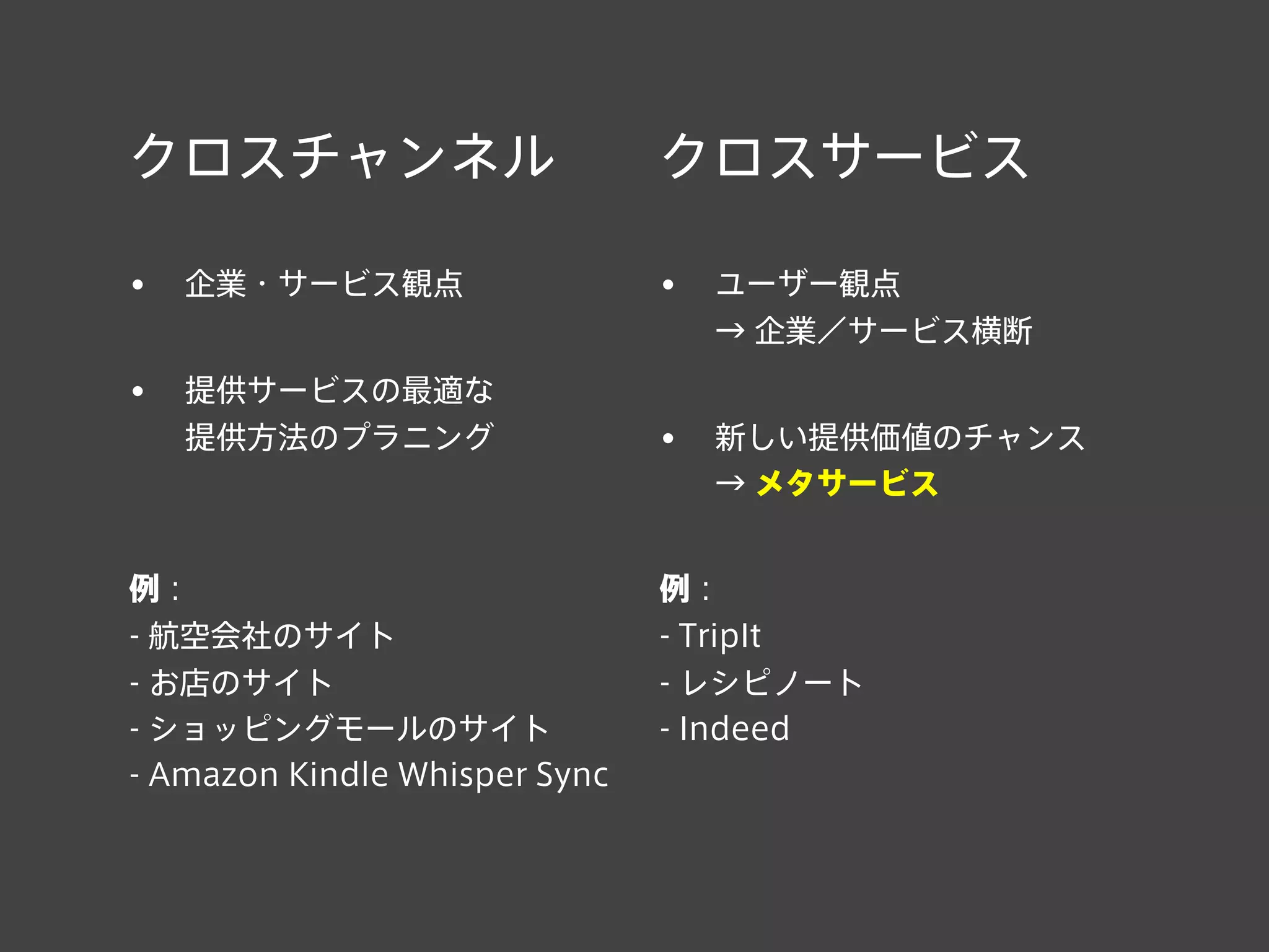 クロスチャンネル
• 企業・サービス観点
• 提供サービスの最適な
提供方法のプラニング
例：
- 航空会社のサイト
- お店のサイト
- ショッピングモールのサイト
- Amazon Kindle Whisper Sync
クロスサービス
• ユーザー観点
→ 企業／サービス横断
• 新しい提供価値のチャンス
→ メタサービス
例：
- TripIt
- レシピノート
- Indeed
 