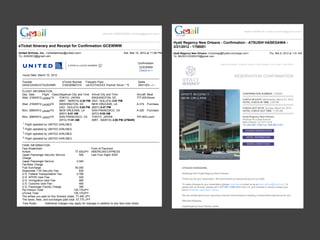 Atsushi  HASEGAWA  <ahaseg@gmail.com>
eTicket  Itinerary  and  Receipt  for  Confirmation  GCEWWW
United  Airlines,  Inc.  <unitedairlines@united.com> Sat,  Mar  10,  2012  at  11:06  PM
To:  AHASEG@gmail.com
Confirmation:
GCEWWW
Check-­In  >
Issue  Date:  March  10,  2012
Traveler eTicket  Number Frequent  Flyer Seats
HASEGAWA/ATSUSHIMR 0162320667315 UA-­EGT4XXXX  Premier  Silver  /  *S 30H/12D/-­-­-­/-­-­-­
FLIGHT  INFORMATION
Day,  Date Flight ClassDeparture  City  and  Time Arrival  City  and  Time Aircraft Meal
Wed,  21MAR12 UA8041S TOKYO,  JAPAN  
(NRT  -­  NARITA)  4:30  PM
WASHINGTON,  DC  
(IAD  -­  DULLES)  3:51  PM
777-­200Dinner
Wed,  21MAR12 UA2632S WASHINGTON,  DC  
(IAD  -­  DULLES)  5:05  PM
NEW  ORLEANS,  LA  
(MSY)  6:47  PM
A-­319 Purchase
Mon,  26MAR12 UA4973S NEW  ORLEANS,  LA  
(MSY)  6:01  AM
SAN  FRANCISCO,  CA  
(SFO)  9:00  AM
A-­320 Purchase
Mon,  26MAR12 UA8374S SAN  FRANCISCO,  CA  
(SFO)  11:01  AM
TOKYO,  JAPAN  
(NRT  -­  NARITA)  2:00  PM  (27MAR)
747-­400Lunch
1  Flight  operated  by  UNITED  AIRLINES.
2  Flight  operated  by  UNITED  AIRLINES.
3  Flight  operated  by  UNITED  AIRLINES.
4  Flight  operated  by  UNITED  AIRLINES.
FARE  INFORMATION
Fare  Breakdown
Airfare: 77,400JPY
Japan  Passenger  Security  Service
Charge:
500
Japan  Passenger  Service
Facilities  Charge:
2,040
Fuel  Surcharge: 50,000
September  11th  Security  Fee: 630
U.S.  Federal  Transportation  Tax: 2,760
U.S.  APHIS  User  Fee: 420
U.S.  Immigration  User  Fee: 580
U.S.  Customs  User  Fee: 460
U.S.  Passenger  Facility  Charge: 380
Per  Person  Total: 135,170JPY
eTicket  Total: 135,170JPY
Form  of  Payment:
AMERICAN  EXPRESS
Last  Four  Digits  5303
The  airfare  you  paid  on  this  itinerary  totals:  77,400  JPY
The  taxes,  fees,  and  surcharges  paid  total:  57,770  JPY
Fare  Rules: Additional  charges  may  apply  for  changes  in  addition  to  any  fare  rules  listed.
REFUNDABLE/CXL  FEE
International  eTicket  Reminders
Check-­in  Requirement  -­  Bags  must  be  checked  and  boarding  passes  obtained  at  least  60  minutes  prior  to
scheduled  departure.  Baggage  will  not  be  accepted  and  advance  seat  assignments  may  be  canceled  if  this
condition  is  not  met.
Boarding  Requirement  -­  Passengers  must  be  prepared  to  board  at  the  departure  gate  with  their  boarding
12/11/30 Gmail -‐‑ Hyatt Regency New Orleans -‐‑ Conﬁrmation -‐‑ ATSUSHI HASEGAWA -‐‑ 3/21/2012 -‐‑ 1758081
1/3https://mail.google.com/mail/u/0/?ui=2&ik=9938667deb&view=pt&q=hyatt regency&qs=true&search…
Naoko  KAWACHI  <naoko.kawachi@gmail.com>
Hyatt  Regency  New  Orleans  -­  Confirmation  -­  ATSUSHI  HASEGAWA  -­
3/21/2012  -­  1758081
Hyatt  Regency  New  Orleans  <Concierge@hyatte-­concierge.com> Thu,  Mar  8,  2012  at  1:51  AM
To:  NAOKO.KAWACHI@gmail.com
  
   Hyatt  E-­Concierge  |  Customer  Service  |  Hotel  Website  |  Print  E-­Mail  |  View  Online  
   RESERVATION  CONFIRMATION  
  
  
  
CONFIRMATION  NUMBER:  1758081
CHECK-­IN  DATE:  Wednesday,  March  21,  2012
HOTEL  CHECK-­IN  TIME:  3:00  PM
CHECK-­OUT  DATE:  Sunday,  March  25,  2012
HOTEL  CHECK-­OUT  TIME:  11:00  AM
Hyatt  Regency  New  Orleans
Poydras  At  Loyola  Avenue
New  Orleans,  LA  70113  US
Tel:  504-­561-­1234  Fax:  504-­587-­4141   
  
ATSUSHI  HASEGAWA,
Greetings  from  Hyatt  Regency  New  Orleans,
Thank  you  for  your  reservation.  We  look  forward  to  welcoming  you  to  our  hotel.
To  make  changes  to  your  reservation  please  click  here  or  email  us  as  at  reservations@hyatt.com.  To
speak  with  us  directly,  please  call  1  877  827  1356  within  the  U.S.  and  Canada  or  simply  contact  your
local  worldwide  reservation  center.
We  are  excited  about  your  upcoming  visit  and  look  forward  to  creating  a  memorable  experience  for  you.
Warmest  Regards,
Hyatt  Regency  New  Orleans  Team
 
