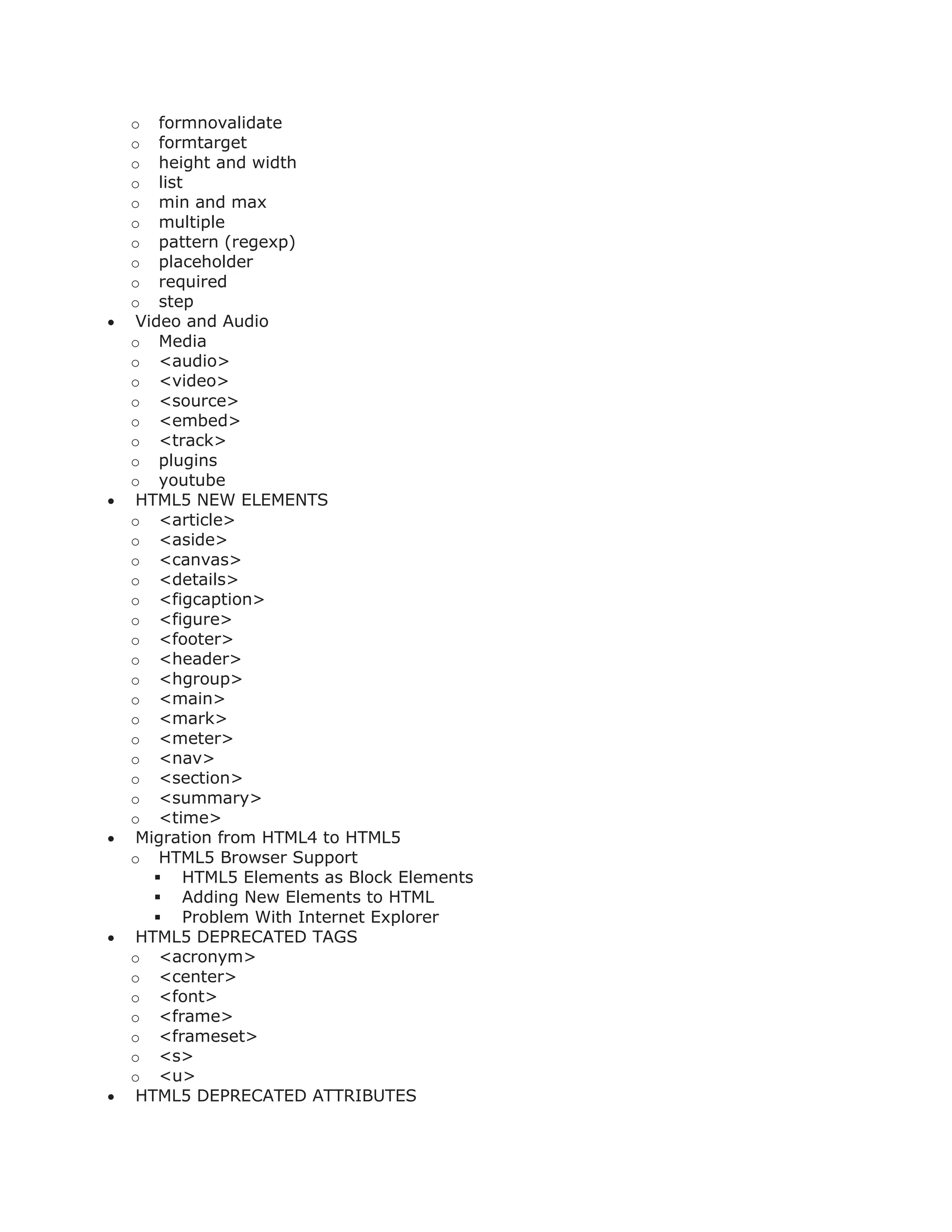 o formnovalidate
o formtarget
o height and width
o list
o min and max
o multiple
o pattern (regexp)
o placeholder
o required
o step
 Video and Audio
o Media
o <audio>
o <video>
o <source>
o <embed>
o <track>
o plugins
o youtube
 HTML5 NEW ELEMENTS
o <article>
o <aside>
o <canvas>
o <details>
o <figcaption>
o <figure>
o <footer>
o <header>
o <hgroup>
o <main>
o <mark>
o <meter>
o <nav>
o <section>
o <summary>
o <time>
 Migration from HTML4 to HTML5
o HTML5 Browser Support
 HTML5 Elements as Block Elements
 Adding New Elements to HTML
 Problem With Internet Explorer
 HTML5 DEPRECATED TAGS
o <acronym>
o <center>
o <font>
o <frame>
o <frameset>
o <s>
o <u>
 HTML5 DEPRECATED ATTRIBUTES
 