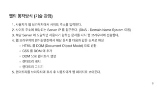 웹의 동작방식 (기술 관점)
1. 사용자가 웹 브라우저에서 사이트 주소를 입력한다.
2. 사이트 주소에 해당되는 Server IP 를 접근한다. (DNS - Domain Name System 이용)
3. 해당 Server 에 도달하면 사용자가 원하는 문서를 다시 웹 브라우저에 전송한다.
4. 웹 브라우저의 렌더링엔진에서 해당 문서를 다음과 같은 순서로 파싱
HTML 를 DOM (Document Object Model) 으로 변환
CSS 를 DOM 에 추가
DOM 으로 렌더트리 생성
렌더트리 배치
렌더트리 그리기
5. 렌더트리를 브라우저에 표시 후 사용자에게 웹 페이지로 보여준다.
6
 