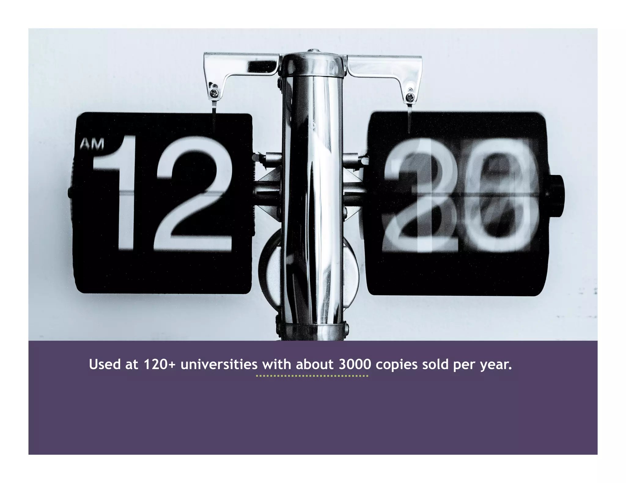 Used at 120+ universities with about 3000 copies sold per year.
 