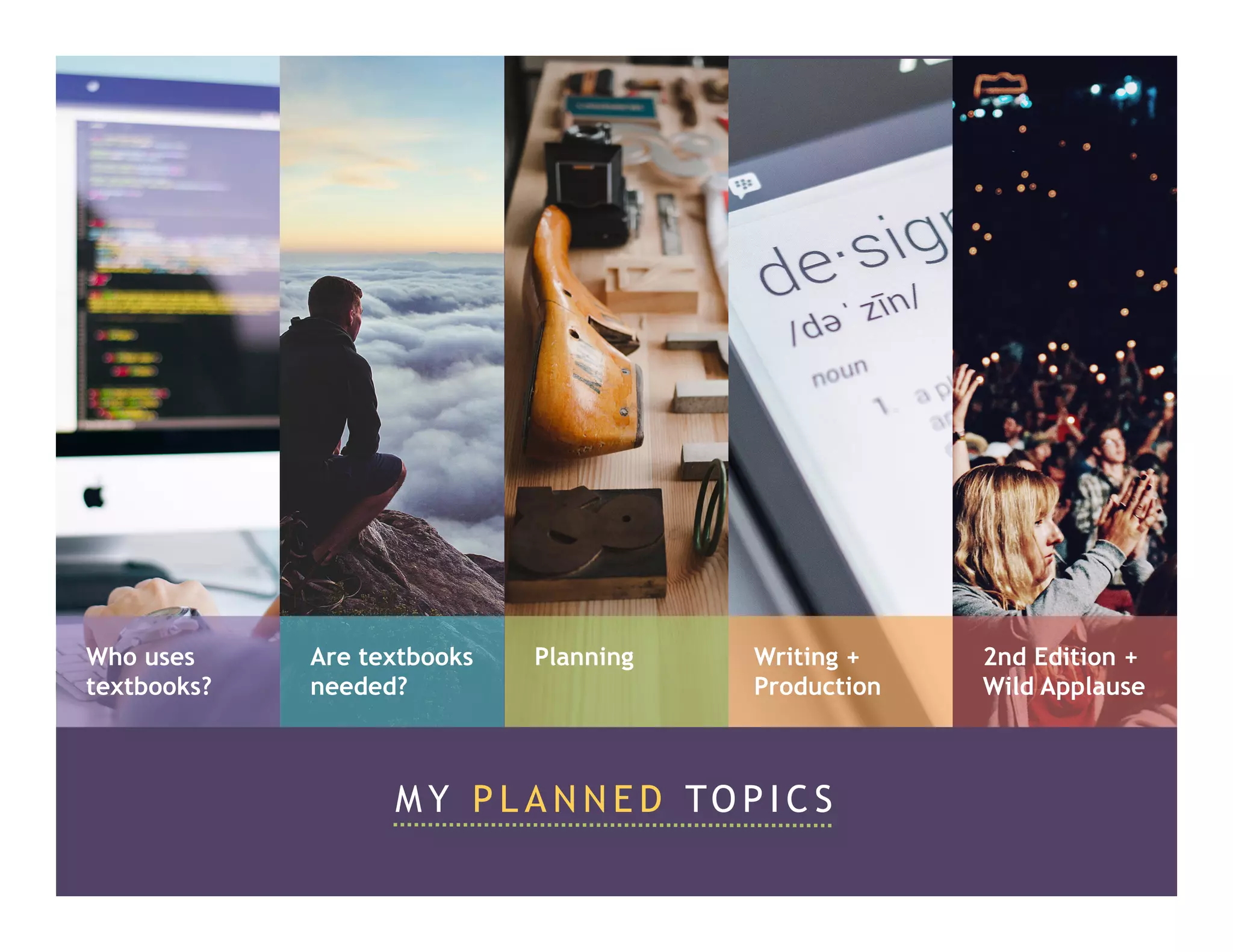 M Y P L A N N E D TO P I C S
Who uses
textbooks?
Are textbooks
needed?
Planning Writing +
Production
2nd Edition +
Wild Applause
 