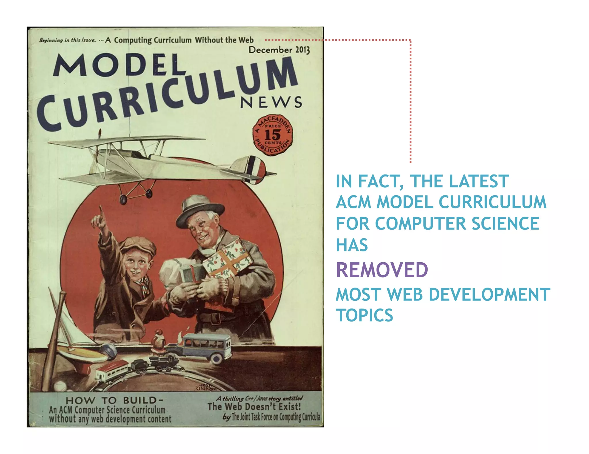 IN FACT, THE LATEST
ACM MODEL CURRICULUM
FOR COMPUTER SCIENCE
HAS
REMOVED
MOST WEB DEVELOPMENT
TOPICS
 