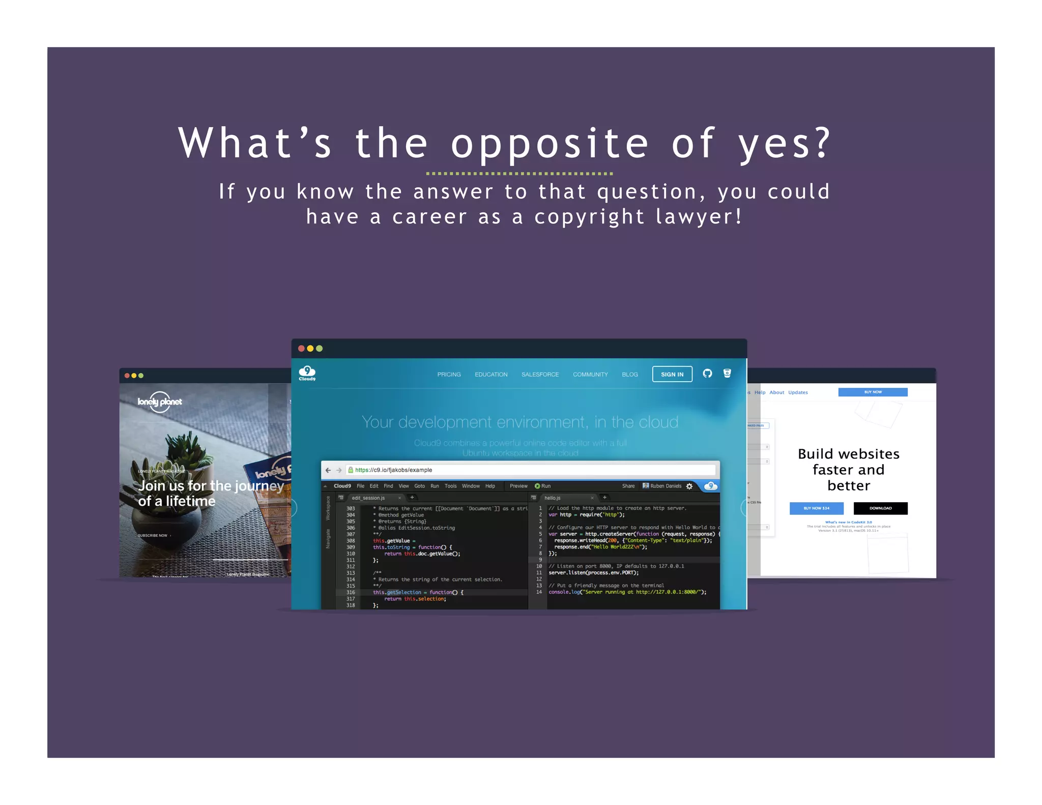 What’s the opposite of yes?
If you know the answer to that question, you could
have a career as a copyright lawyer!
 