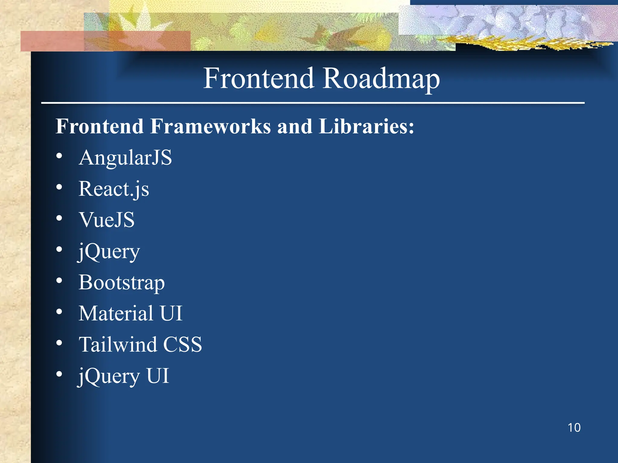 Frontend Frameworks and Libraries:
• AngularJS
• React.js
• VueJS
• jQuery
• Bootstrap
• Material UI
• Tailwind CSS
• jQuery UI
10
Frontend Roadmap
 