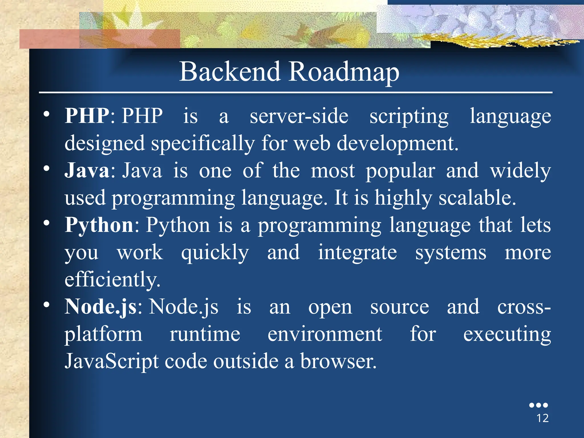 Backend Roadmap
• PHP: PHP is a server-side scripting language
designed specifically for web development.
• Java: Java is one of the most popular and widely
used programming language. It is highly scalable.
• Python: Python is a programming language that lets
you work quickly and integrate systems more
efficiently.
• Node.js: Node.js is an open source and cross-
platform runtime environment for executing
JavaScript code outside a browser.
●●●
12
 