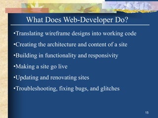 What Does Web-Developer Do?
•Translating wireframe designs into working code
•Creating the architecture and content of a site
•Building in functionality and responsivity
•Making a site go live
•Updating and renovating sites
•Troubleshooting, fixing bugs, and glitches
15
 
