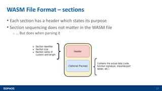 WASM File Format – sections
27
• Each section has a header which states its purpose
• Section sequencing does not matter i...