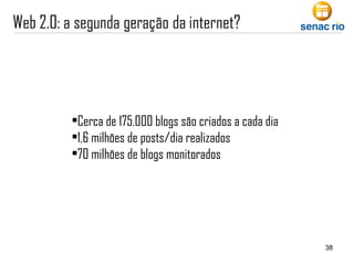Cerca de 175.000 blogs são criados a cada dia  1,6 milhões de posts/dia realizados 70 milhões de blogs monitorados 