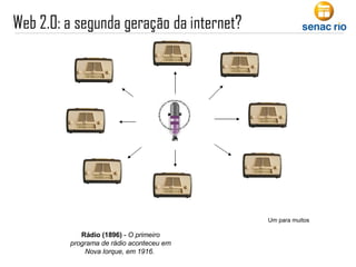 Rádio (1896)  -  O primeiro programa de rádio aconteceu em Nova Iorque, em 1916.   Um para muitos 
