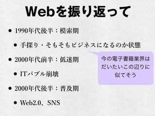 Web귵ä
? 1990룺ģ
? ̽?⤽ӥͥˤʤΤ״B
? 2000ǰ룺
? ITХ֥
? 2000룺ռ
? Web2.0SNS
ӕI
x
ƤƤ
 