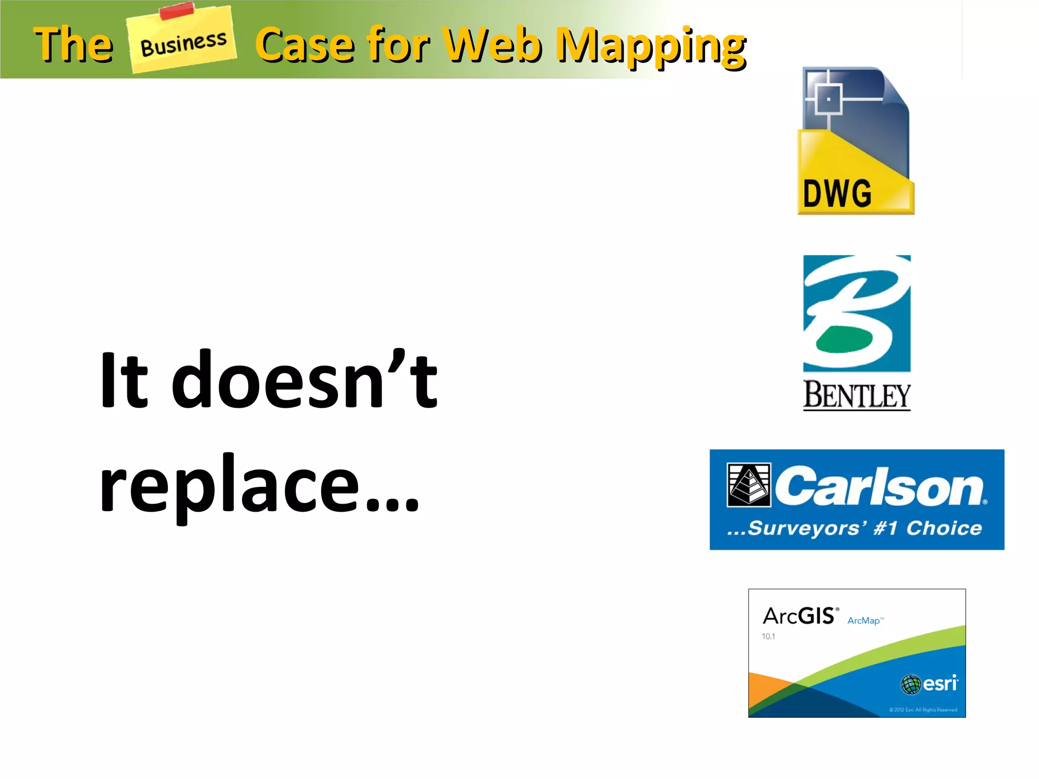 The   Case for Web Mapping




  It doesn’t
  replace…
 