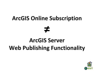 ArcGIS Online Subscription

            ≠
            =
      ArcGIS Server
Web Publishing Functionality
 