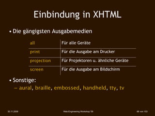 Einbindung in XHTML
 • Die gängigsten Ausgabemedien
             all          Für alle Geräte

             print        Für die Ausgabe am Drucker

             projection   Für Projektoren u. ähnliche Geräte

             screen       Für die Ausgabe am Bildschirm

 • Sonstige:
      – aural, braille, embossed, handheld, tty, tv



30.11.2009                Web-Engineering Workshop '09         68 von 103
 