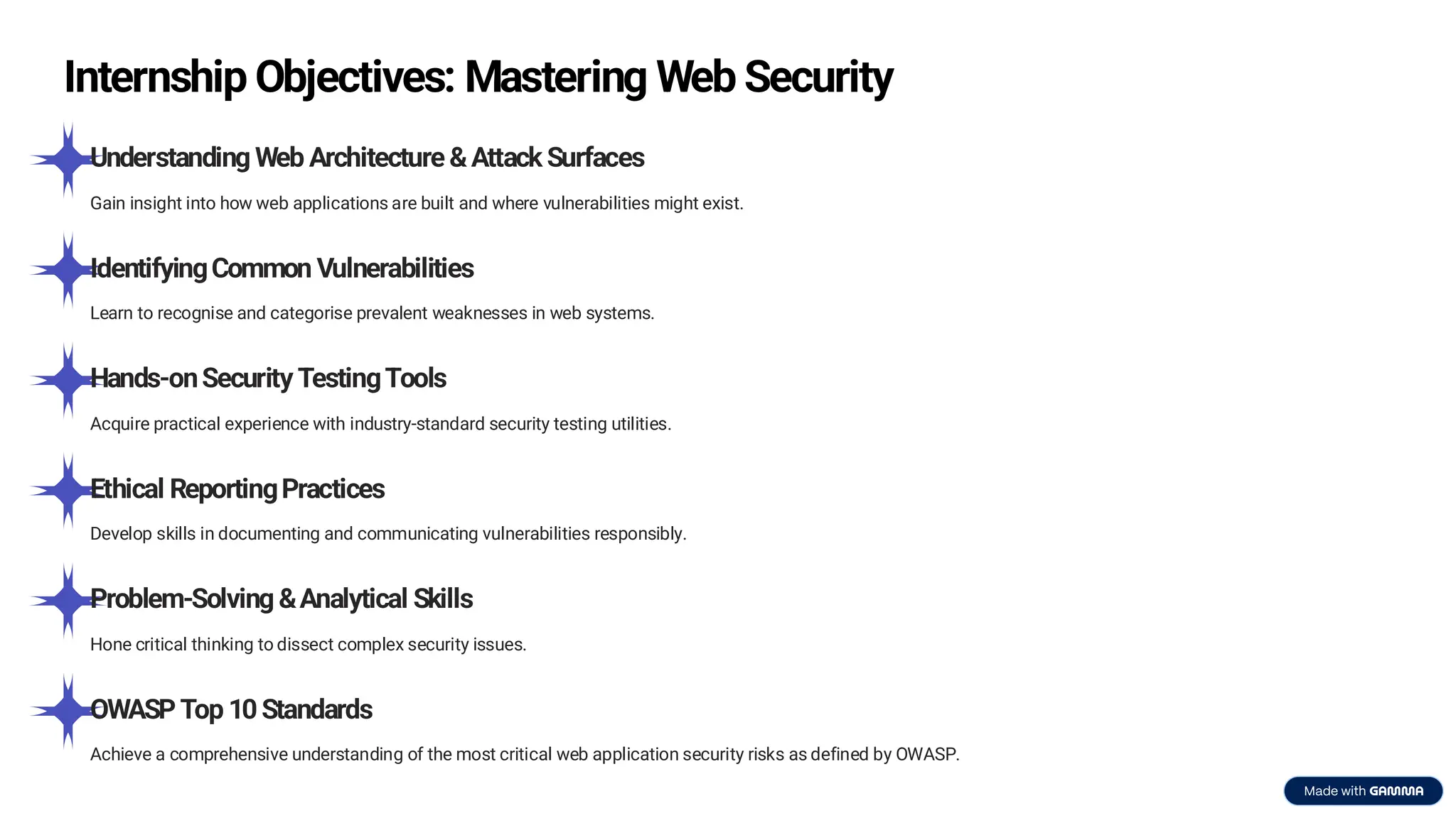 Internship Objectives: Mastering Web Security
Understanding Web Architecture & Attack Surfaces
Gain insight into how web applications are built and where vulnerabilities might exist.
IdentifyingCommon Vulnerabilities
Learn to recognise and categorise prevalent weaknesses in web systems.
Hands-onSecurity TestingTools
Acquire practical experience with industry-standard security testing utilities.
Ethical ReportingPractices
Develop skills in documenting and communicating vulnerabilities responsibly.
Problem-Solving &Analytical Skills
Hone critical thinking to dissect complex security issues.
OWASP Top 10 Standards
Achieve a comprehensive understanding of the most critical web application security risks as defined by OWASP.
 