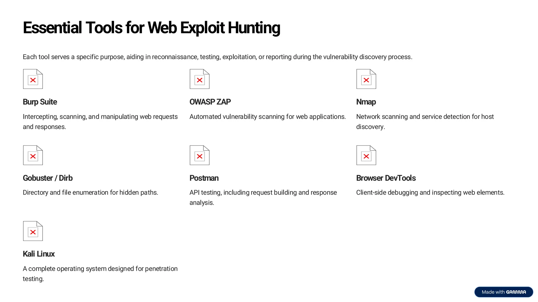 Essential Tools for Web Exploit Hunting
Each tool serves a specific purpose, aiding in reconnaissance, testing, exploitation, or reporting during the vulnerability discovery process.
Burp Suite
Intercepting, scanning, and manipulating web requests
and responses.
OWASP ZAP
Automated vulnerability scanning for web applications.
Nmap
Network scanning and service detection for host
discovery.
Gobuster / Dirb
Directory and file enumeration for hidden paths.
Postman
API testing, including request building and response
analysis.
Browser DevTools
Client-side debugging and inspecting web elements.
Kali Linux
A complete operating system designed for penetration
testing.
 