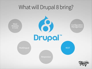 WhatwillDrupal8bring?
Configuration
Management
REST
Responsive
Multilingual
More
Modules
inCore
 