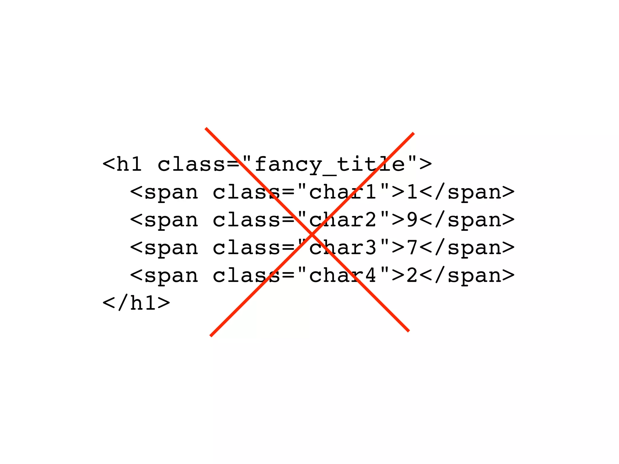 <h1 class="fancy_title">
  <span class="char1">1</span>
  <span class="char2">9</span>
  <span class="char3">7</span>
  <span class="char4">2</span>
</h1>
 