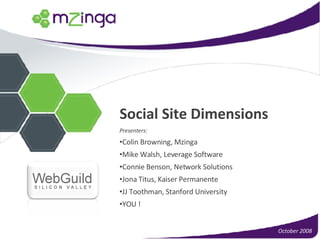 Social Site Dimensions ,[object Object],[object Object],[object Object],[object Object],[object Object],[object Object],[object Object],October 2008 