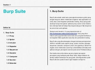 Section 1



Burp Suite          1. Burp Suite

                    Burp Suite adalah salah satu perangkat keamanan gratis yang
                    sangat berguna dalam melakukan kegiatan web application se-
                    curity atau untuk kegiatan penetration testing. Burp yang pada
                    awalnya hanya merupakan aplikasi proxy server untuk melaku-
                    kan intercept baik terhadap http-request ataupun http-response
Daftar Isi          ke server dan web aplikasi.

                    Sampai versi terakhir 1.5 yang dapat diunduh di
1. Burp Suite
                    http://portswigger.net/burp/download.html, burp yang dina-
!   1.1 Proxy       makan suite juga berisikan tools-tools lain yang bermanfaat un-
                    tuk kegiatan Web application security dan penetration testing.
!   1.2 Spider
                    Burp Suite yang dikembangkan dnegan bahasa pemrograman
!   1.3 Intruder    JAVA ini memiliki tools seperti proxy, spider, intruder, repeater,
!   1.4 Repeater    sequencer, decoder, comparer untuk versi gratisnya. Serta Per-
                    angkat untuk melakukan scanning vulnerabilities terhadap web
!   1.5 Sequencer   aplikasi dengan perangkat scanner pada versi Professionalnya.

!   1.6 Decoder     Dan berikut akan kita bahas secara singkat perangkat-
                    perangkat yang terdapat pada Burp Suite, tetapi sebelum itu
!   1.7 Comparer
                    berikut adalah beberapa hal yang perlu dikonﬁgurasikan pada
!   1.8 Scanner     Burp Suite dan pada browser agar berjalan sempurna.

!   1.9 Extender

                                                                                    48
 