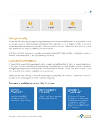 Record
5
Publish
6
Maintain
7
Storage Capacity
In lines with the bandwidth, storage capacity determines the availability and performance of your website. Sooner
or later, your business-critical applications will appeal for greater space to run at its peak. In order to store and
manage exploding data/applications growth, businesses need to choose a failsafe hard drive solution, so that
their applications not only stay backed up and remain secure.
Right from the ﬂash memory to network-area storage includingSATA, SAS, and SSD - multitude of options is
available forenhanced capacity and high-availability clustering.
Data Center Architecture
In lines with the bandwidth, storage capacity determines the availability and performance of your website. Sooner
or later, your business-critical applications will appeal for greater space to run at its peak. In order to store and
manage exploding data/applications growth, businesses need to choose a failsafe hard drive solution, so that
their applications not only stay backed up and remain secure.
Right from the ﬂash memory to network-area storage includingSATA, SAS, and SSD - multitude of options is
available forenhanced capacity and high-availability clustering.
Data center architecture must help to ensure:
SERVICE
CONTINUTY
Maximum availability
architecture & robust
disaster recovery planning
PERFORMANCE &
FLEXIBILITY
Holistic, end-to-end security
& compliance approach
SECURITY &
CONFORMITY
Architecture features
automation, orchestration,
and lifecycle management
to streamline & simplify
deployment and operation
of IT resources
Copyright © Cyber Futuristics India Private Limited.
Page | 9
hostingHosting Simplified
go
 