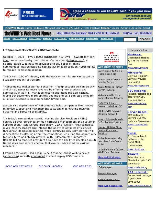 Web Hosting Industry News Infopop Selects Swsoft S Hspcomplete Images, Photos, Reviews