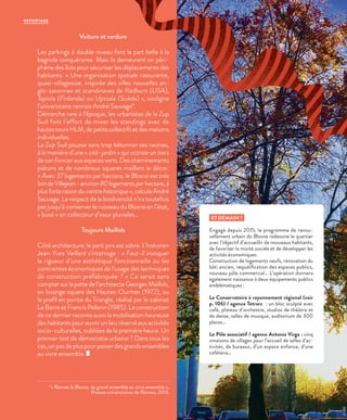 Voiture et verdure
Les parkings à double niveau font la part belle à la
bagnole conquérante. Mais ils demeurent en péri-
phérie des îlots pour sécuriser les déplacements des
habitants. « Une organisation spatiale rassurante,
quasi-villageoise, inspirée des villes nouvelles an-
glo-saxonnes et scandinaves de Radburn (USA),
Tapiola (Finlande) ou Upssala (Suède) », souligne
l’universitaire rennais André Sauvage*.
Démarche rare à l’époque, les urbanistes de la Zup
Sud font l’effort de mixer les standings avec de
hautes tours HLM, de petits collectifs et des maisons
individuelles.
La Zup Sud pousse sans trop bétonner ses racines,
à la manière d’une « cité-jardin » qui octroie un tiers
de son foncier aux espaces verts. Des cheminements
piétons et de nombreux squares maillent le décor.
«  Avec 37 logements par hectare, le Blosne est très
loindeVillejean-environ80logementsparhectare,à
plusforteraisonducentrehistorique»,calculeAndré
Sauvage. Le respect de la biodiversité n’ira toutefois
pas jusqu’à conserver le ruisseau du Blosne en l’état,
« busé » en collecteur d’eaux pluviales…
Toujours Maillols
Côté architecture, le parti pris est sobre. L’historien
Jean-Yves Veillard s’interroge : « Faut-il invoquer
la rigueur d’une esthétique fonctionnelle ou les
contraintes économiques de l’usage des techniques
de construction préfabriquée ? » Ce serait sans
compter sur la patte de l’architecte Georges Maillols,
en losange square des Hautes-Ourmes (1972), ou
le profil en pointe du Triangle, réalisé par le cabinet
Le Berre et Francis Pellerin (1985). La construction
de ce dernier raconte aussi la mobilisation heureuse
des habitants pour ouvrir un lieu réservé aux activités
socio-culturelles, oubliées de la première heure. Un
premier test de démocratie urbaine ? Dans tous les
cas, un pas de plus pour passer des grands ensembles
au vivre ensemble.
*« Rennes le Blosne, du grand ensemble au vivre ensemble »,
Presses universitaires de Rennes, 2013.
ET DEMAIN ?
Engagé depuis 2015, le programme de renou-
vellement urbain du Blosne redessine le quartier
avec l’objectif d’accueillir de nouveaux habitants,
de favoriser la mixité sociale et de développer les
activités économiques.
Construction de logements neufs, rénovation du
bâti ancien, requalification des espaces publics,
nouveau pôle commercial… L’opération donnera
également naissance à deux équipements publics
emblématiques :
Le Conservatoire à rayonnement régional (voir
p. 106) / agence Tetrarc : un bloc sculpté avec
café, plateau d’orchestre, studios de théâtre et
de danse, salles de musique, auditorium de 300
places…
Le Pôle associatif / agence Antonio Virga : cinq
«maisons de village» pour l’accueil de salles d’ac-
tivités, de bureaux, d’un espace enfance, d’une
cafétéria…
©JBG
65REPORTAGE
 