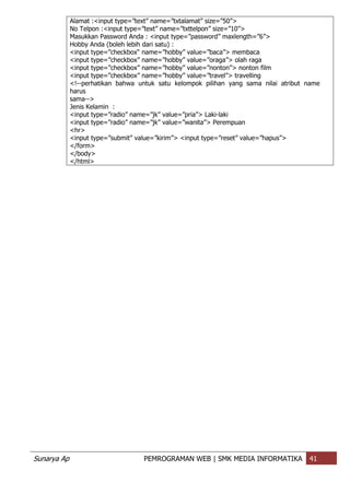 Sunarya Ap PEMROGRAMAN WEB | SMK MEDIA INFORMATIKA 41
Alamat :<input type=”text” name=”txtalamat” size=”50”>
No Telpon :<input type=”text” name=”txttelpon” size=”10”>
Masukkan Password Anda : <input type=”password” maxlength=”6”>
Hobby Anda (boleh lebih dari satu) :
<input type=”checkbox“ name=”hobby” value=”baca”> membaca
<input type=”checkbox” name=”hobby” value=”oraga”> olah raga
<input type=”checkbox” name=”hobby” value=”nonton”> nonton film
<input type=”checkbox” name=”hobby” value=”travel”> travelling
<!--perhatikan bahwa untuk satu kelompok pilihan yang sama nilai atribut name
harus
sama-->
Jenis Kelamin :
<input type=”radio” name=”jk” value=”pria”> Laki-laki
<input type=”radio” name=”jk” value=”wanita”> Perempuan
<hr>
<input type=”submit” value=”kirim”> <input type=”reset” value=”hapus”>
</form>
</body>
</html>
 