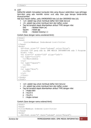 Sunarya Ap PEMROGRAMAN WEB | SMK MEDIA INFORMATIKA 19
</html>
8. LIST
Daftar/list adalah merupakan kumpulan teks yang disusun sedemikian rupa sehingga
item-item yang ada memiliki nomor urut atau bisa juga berupa tanda-tanda
khusus/symbol.
Ada dua macam daftar, yaitu UNORDERED lists (ul) dan ORDERED lists (ol).
 <ul> adalah tag untuk membuat daftar item tidak berurut
 <li> adalah tag untuk membuat item dari daftar urutan
 Tag list tersebut dapat ditambahkan atribut TYPE dengan nilai:
Disc : Bulatan hitam (●)
Square : Kotak (■)
Circle : Bulatan kosong (○)
Contoh (Save dengan nama unordered.html):
<html>
<head>
<title>Membuat Undordered List</title>
</head>
<body>
<b><font size=”3” face=”tahoma" color=”blue”>
Jurusan TIK yang ada di SMK MEDIA INFORMATIKA ada 3 Program
Studi: </b>
<hr size=”2” width=”150” align=”left”>
<ul type=”circle”>
<li>Multimedia
</ul>
<ul type=”square”>
<li>RPL
</ul>
<ul type=”disc”>
<li>TKJ
</ul>
</font>
</body>
</html>
 <ol> adalah tag untuk membuat daftar item berurut
 <li> adalah tag untuk membuat item dari daftar urutan
 Tag list tersebut dapat ditambahkan atribut TYPE dengan nilai:
1 : Angka latin
A : Huruf A
a : Huruf a
I : Angka romawi
Contoh (Save dengan nama ordered.html):
<html>
<head>
<title>Membuat Ordered List</title>
</head>
<body>
<b><font size=”2” face=”tahoma" color=”black”>
 