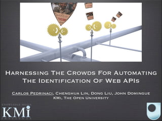 Harnessing The Crowds For Automating
    The Identification Of Web APIs
 Carlos Pedrinaci, Chenghua Lin, Dong Liu, John Domingue
                 KMi, The Open University
 