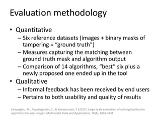 Evaluation methodology
• Quantitative
– Six reference datasets (images + binary masks of
tampering = “ground truth”)
– Measures capturing the matching between
ground truth mask and algorithm output
– Comparison of 14 algorithms, “best” six plus a
newly proposed one ended up in the tool
• Qualitative
– Informal feedback has been received by end users
– Pertains to both usability and quality of results
Zampoglou, M., Papadopoulos, S., & Kompatsiaris, Y. (2017). Large-scale evaluation of splicing localization
algorithms for web images. Multimedia Tools and Applications, 76(4), 4801-4834.
 