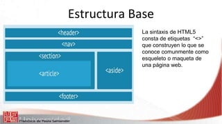 Estructura Base
La sintaxis de HTML5
consta de etiquetas “<>”
que construyen lo que se
conoce comunmente como
esqueleto o maqueta de
una página web.
 