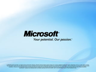 © 2008 Microsoft Corporation. All rights reserved. Microsoft, Windows, Windows Vista and other product names are or may be registered trademarks and/or trademarks in the U.S. and/or other countries. The information herein is for informational purposes only and represents the current view of Microsoft Corporation as of the date of this presentation. Because Microsoft must respond to changing market conditions, it should not be interpreted to be a commitment on the part of Microsoft, and Microsoft cannot guarantee the accuracy of any information provided after the date of this presentation. MICROSOFT MAKES NO WARRANTIES, EXPRESS, IMPLIED OR STATUTORY, AS TO THE INFORMATION IN THIS PRESENTATION.