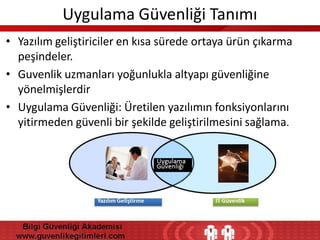 Uygulama Güvenliği Tanımı
• Yazılım geliştiriciler en kısa sürede ortaya ürün çıkarma
peşindeler.
• Guvenlik uzmanları yoğunlukla altyapı güvenliğine
yönelmişlerdir
• Uygulama Güvenliği: Üretilen yazılımın fonksiyonlarını
yitirmeden güvenli bir şekilde geliştirilmesini sağlama.

 