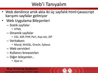 Web’i Tanıyalım
• Web denilince artık akla iki üç sayfalık html+javascript
karışımı sayfalar gelmiyor
• Web Uygulama Bileşenleri
– Statik sayfalar
• HTML

– Dinamik sayfalar
• CGI, ASP, PHP, Perl, Asp.net, JSP

– Veritabanı
• Mysql, MsSQL, Oracle, Sybase

– Web servisleri
– Kullanıcı browserları
– Diğer bileşenler...
• Ajax vs

 