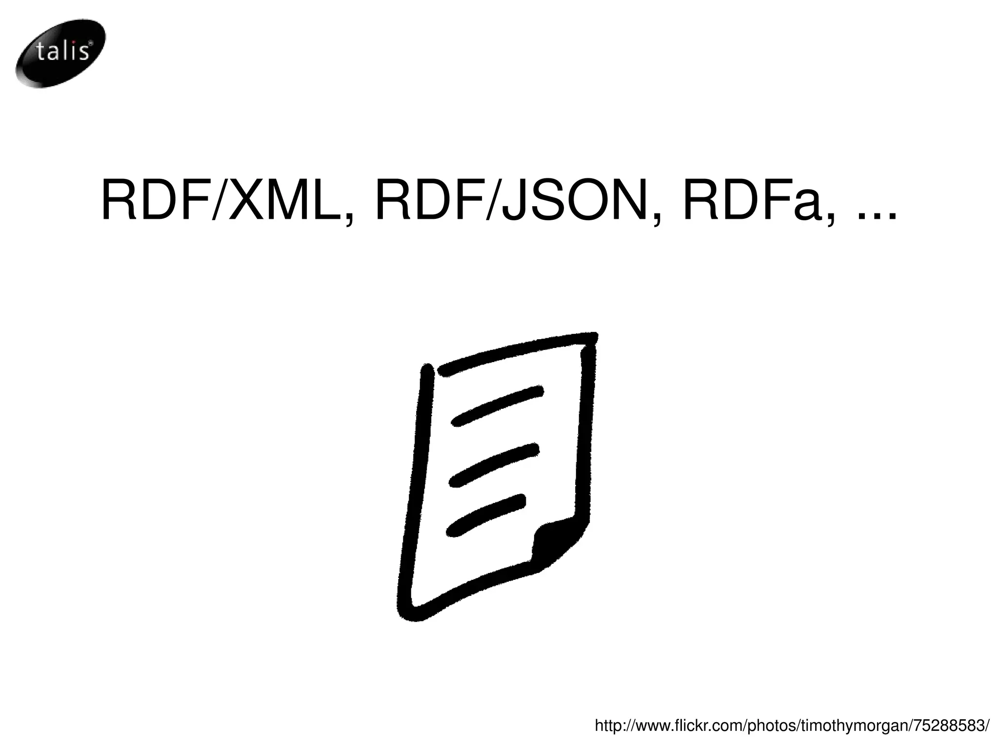 RDF/XML, RDF/JSON, RDFa, ... http://www.flickr.com/photos/timothymorgan/75288583/ 