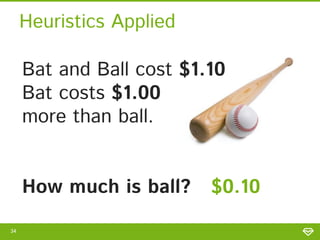 Heuristics Applied
Bat and Ball cost $1.10
Bat costs $1.00
more than ball.
How much is ball?
34

$0.10

 