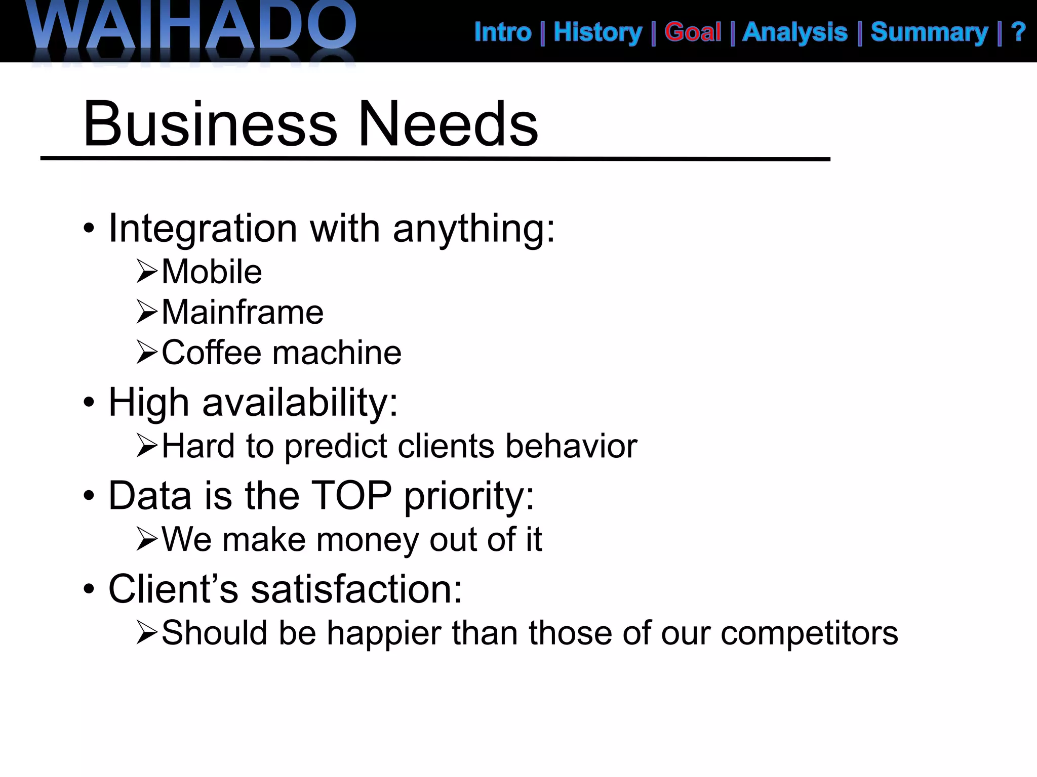 Business Needs
• Integration with anything:
Mobile
Mainframe
Coffee machine
• High availability:
Hard to predict clients behavior
• Data is the TOP priority:
We make money out of it
• Client’s satisfaction:
Should be happier than those of our competitors
 
