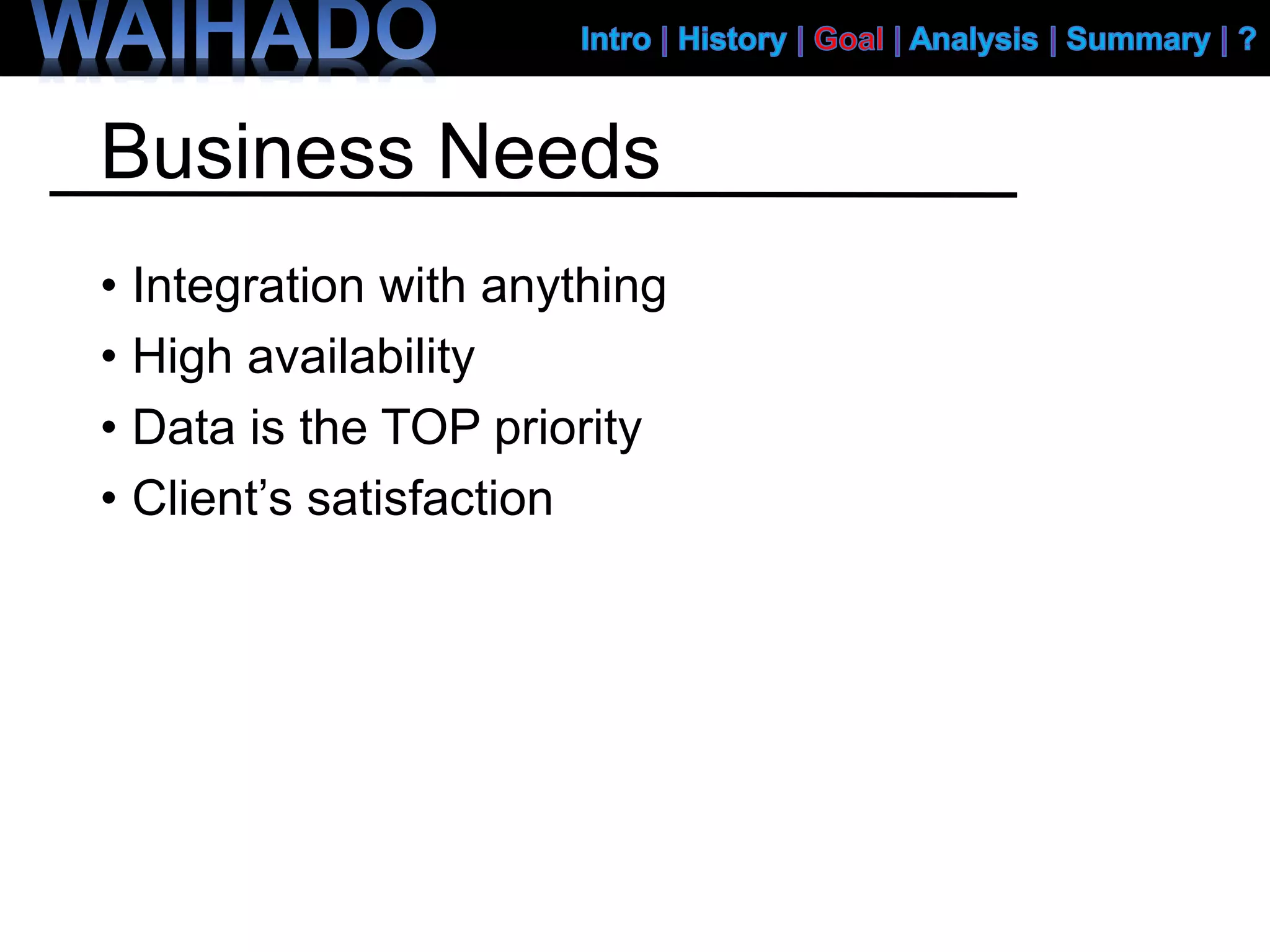 Business Needs
• Integration with anything
• High availability
• Data is the TOP priority
• Client’s satisfaction
 