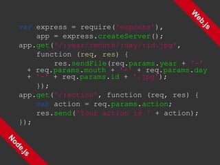 var  express = require( 'express' ), app = express. createServer (); app. get ( '/:year/:mouth/:day/:id.jpg' , function ( req ,  res ) { res. sendFile (req. params . year  +  '-'  + req. params . mouth  +  '-'  + req. params . day  +  '-'  + req. params . id  +  '.jpg' ); }); app. get ( '/:action' , function (req, res) { var  action = req. params . action ; res. send ( 'Your action is '  + action); }); Web.js Node.js 