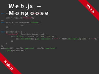 Web.js Node.js var  mongoose = require( "mongoose" ), …… web = require( "webjs" ); …… var  Post =  new  mongoose. Schema ({ …… }); …… var  getRouter = { "jsonData" : function (req, res) { Post. find ({}, function ( err ,  posts ) { res. sendJSON (req. qs . callback  +  '('  + JSON. stringify ( posts ) +  ')' ); }) } }; web. run ({}, config. www . port , config. www . host ) . get (getRouter); Web.js + Mongoose 