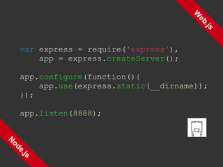 Web.js Node.js var  express   = require( 'express' ), app = express. createServer (); app. configure (function(){ app. use (express. static ( __dirname )); }); app. listen ( 8888 ); 